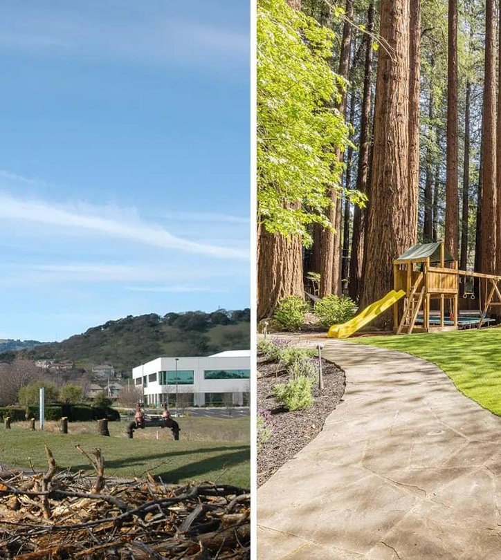 Before and after: cleared lot transformed into landscaped yard with playground