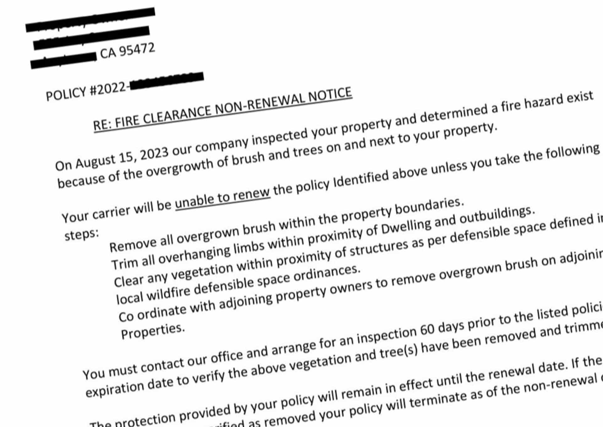 Fire Clearance Non-Renewal Notice